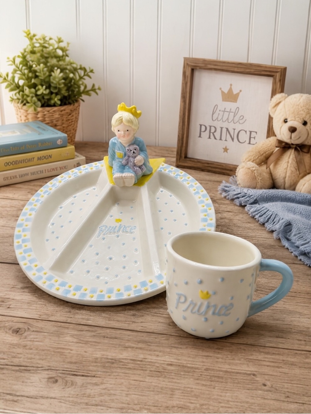 Mud Pie Handcrafted Prince Divided Plate & Mug Set Blue Yellow Ceramic Kids CHIP